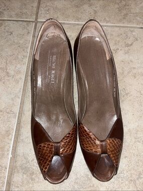 Bruno Magli Brown Leather Peep-Toe Heels with Textured Bow Accent